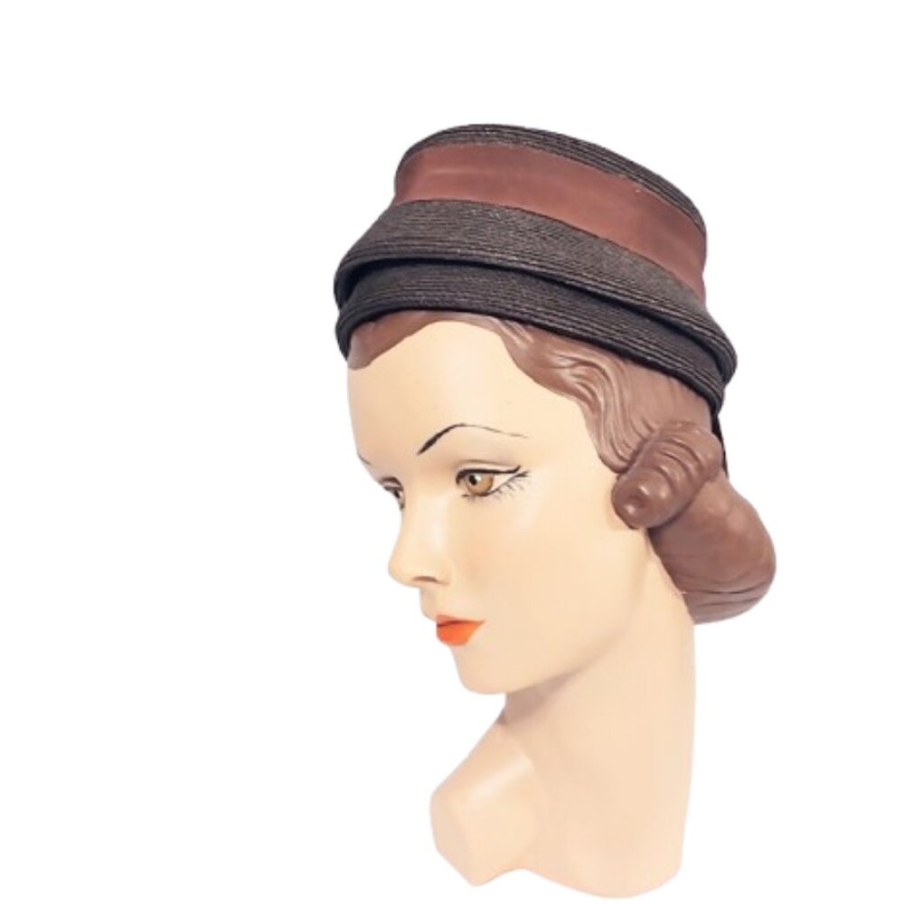 Vintage 1940s Dark Brown Small Straw Open Crown Round Pillbox Hat With Ribbons